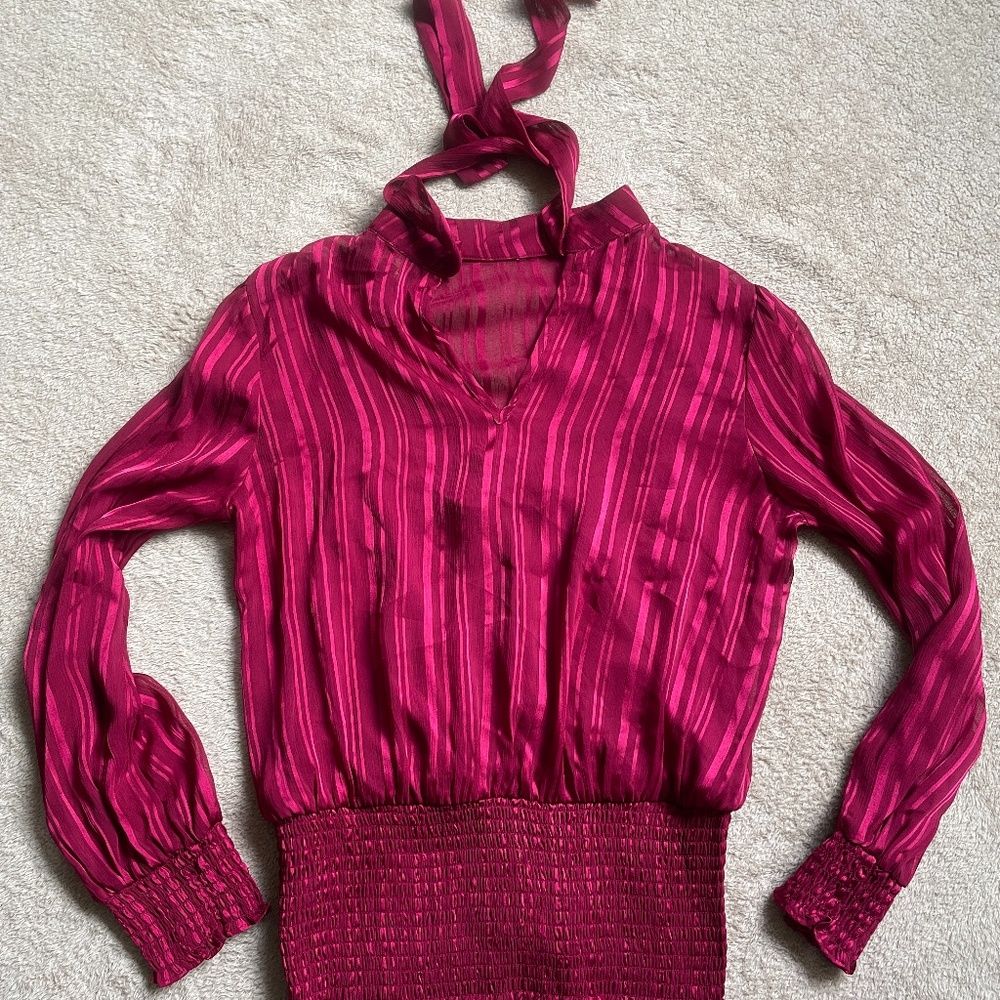 OLM Red/Maroon Tie Neck Business Casual Blouse